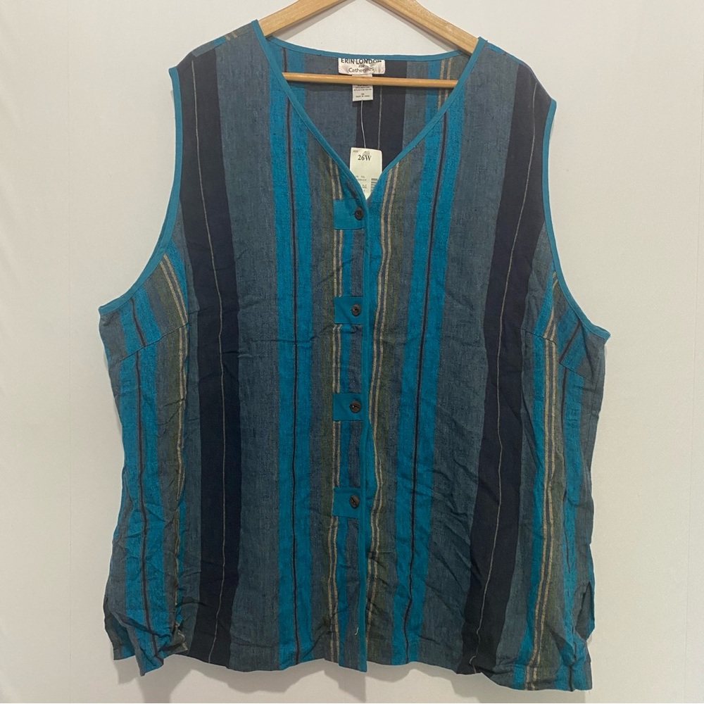 Erin London Catherines 26W Linen Blend Stripe Sleeveless Button Blouse Plus Size